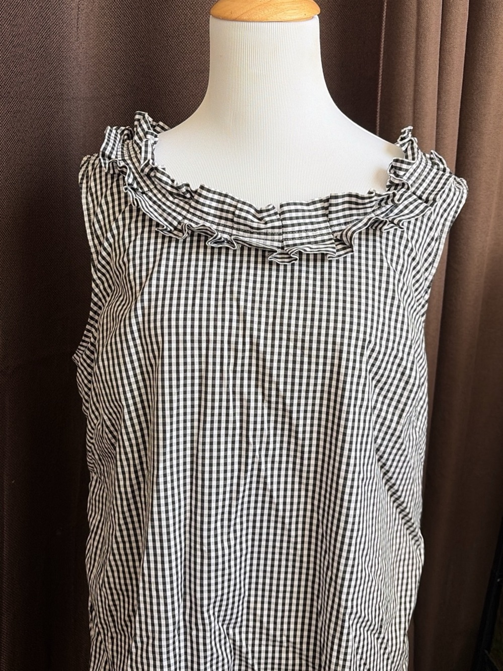Talbots Black & White Gingham Ruffle Neck Sleeveless Dress